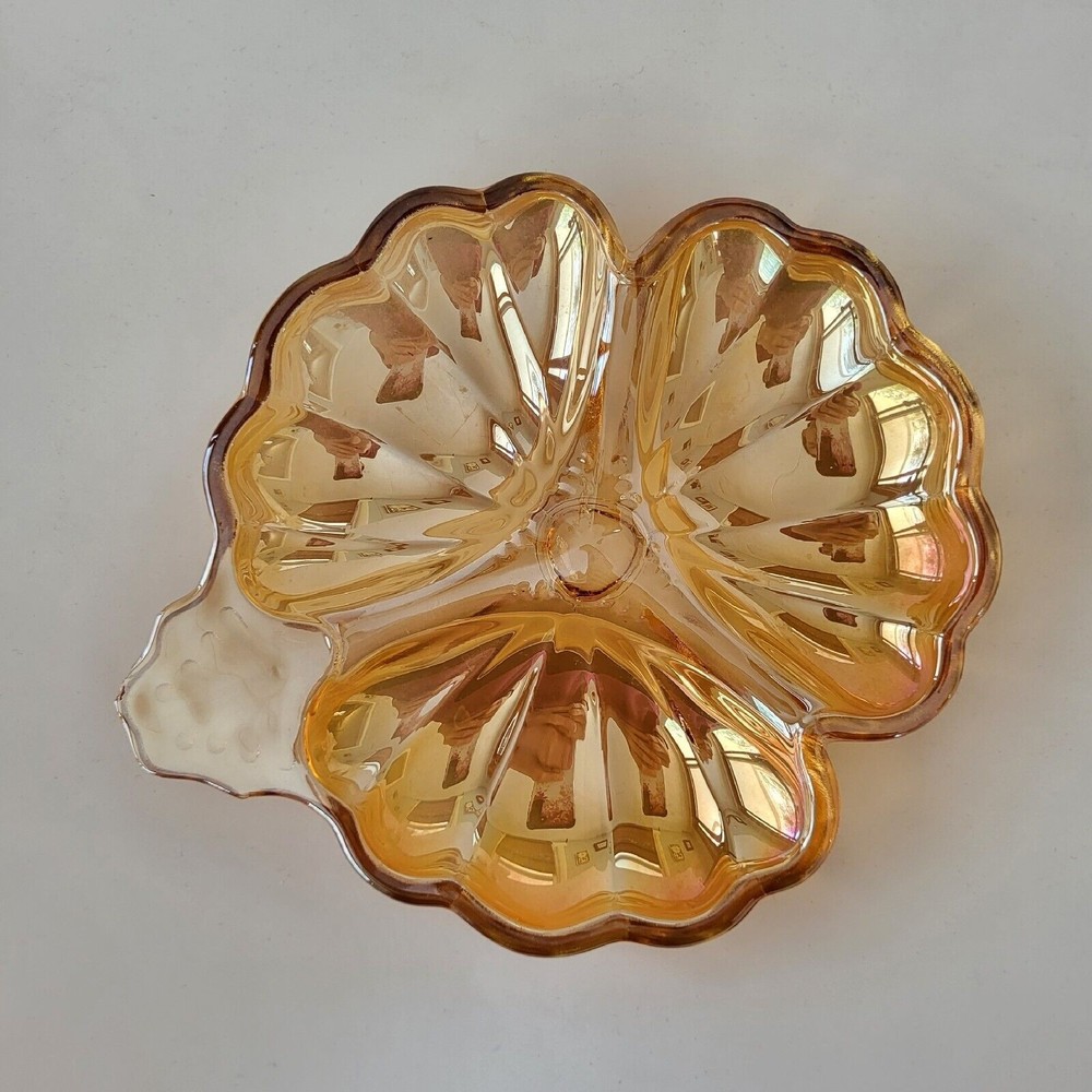 Vintage Jeannette Marigold Carnival Glass Clover Trinket Candy Dish